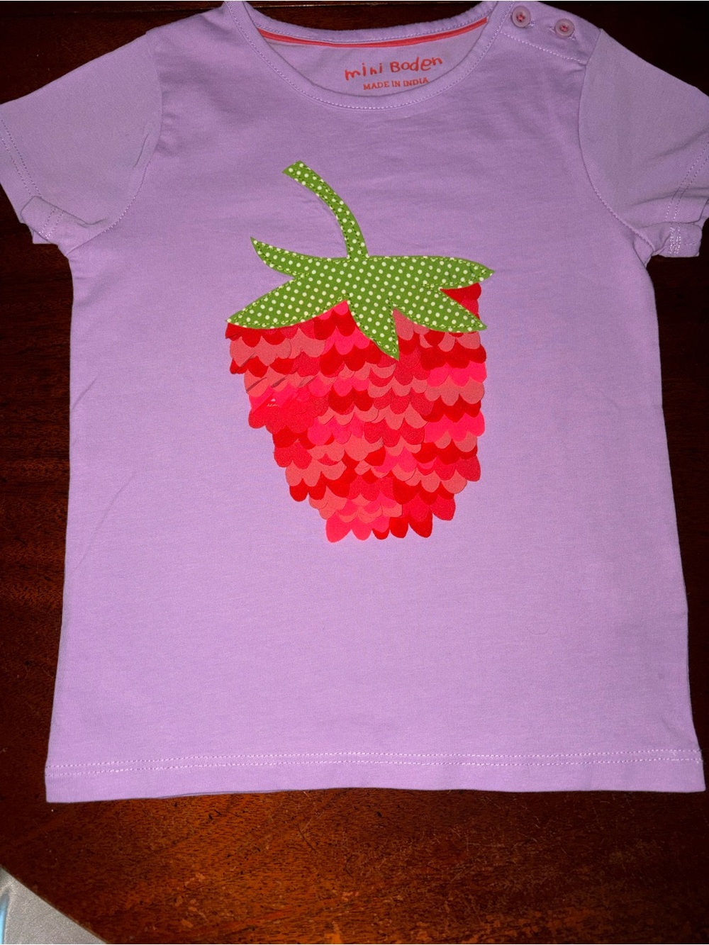 Mini Boden Lavender Tee with Red Fluttery Strawberry Appliqué
